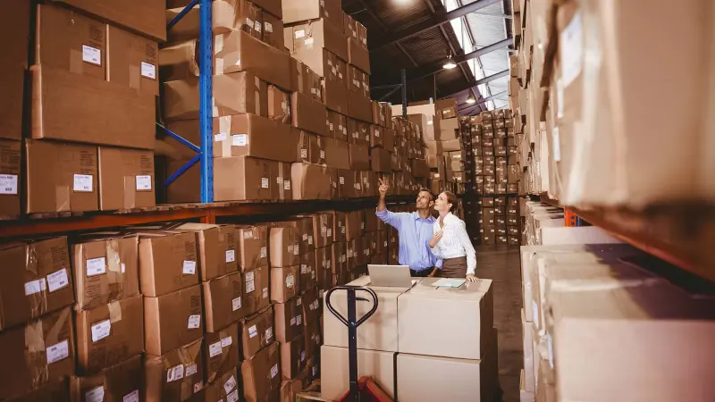 Warehouse with stacked boxes